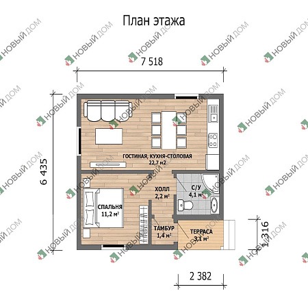 Одноэтажный дом «Молодежный-2» 43 м2