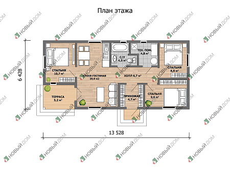 Одноэтажный дом «Станица» 70 м2 с террасой