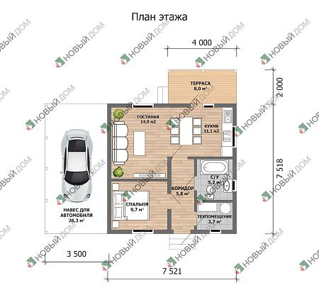 Одноэтажный дом «Жасмин» 50 м2 с террасой